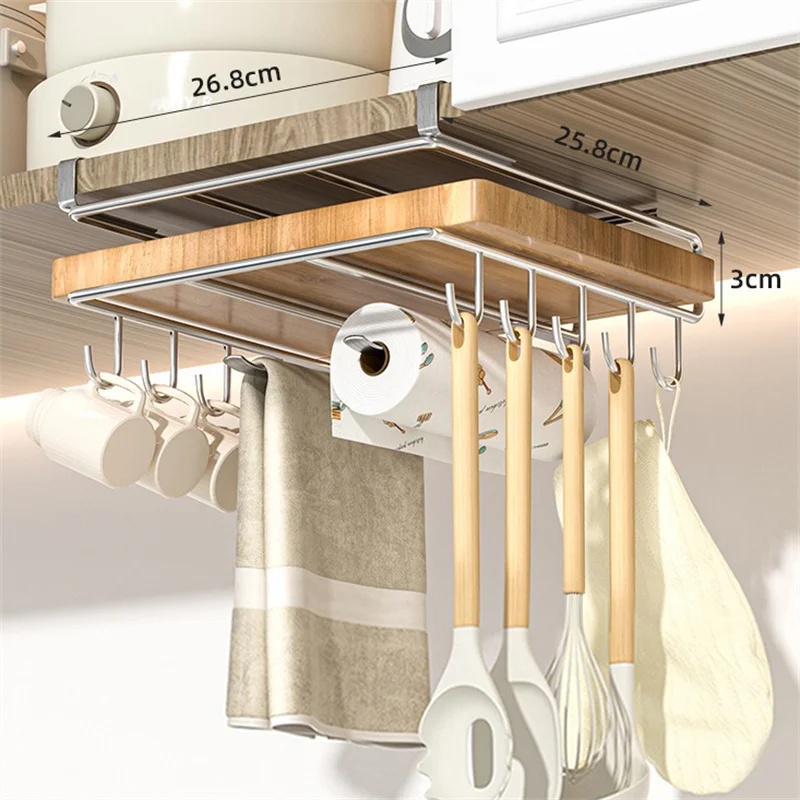 Stainless steel Kitchen Hanging Organizer Rack with Hooks Paper Towel Rag Hanging rack Cutting Board Pot Cover Storage Shelf