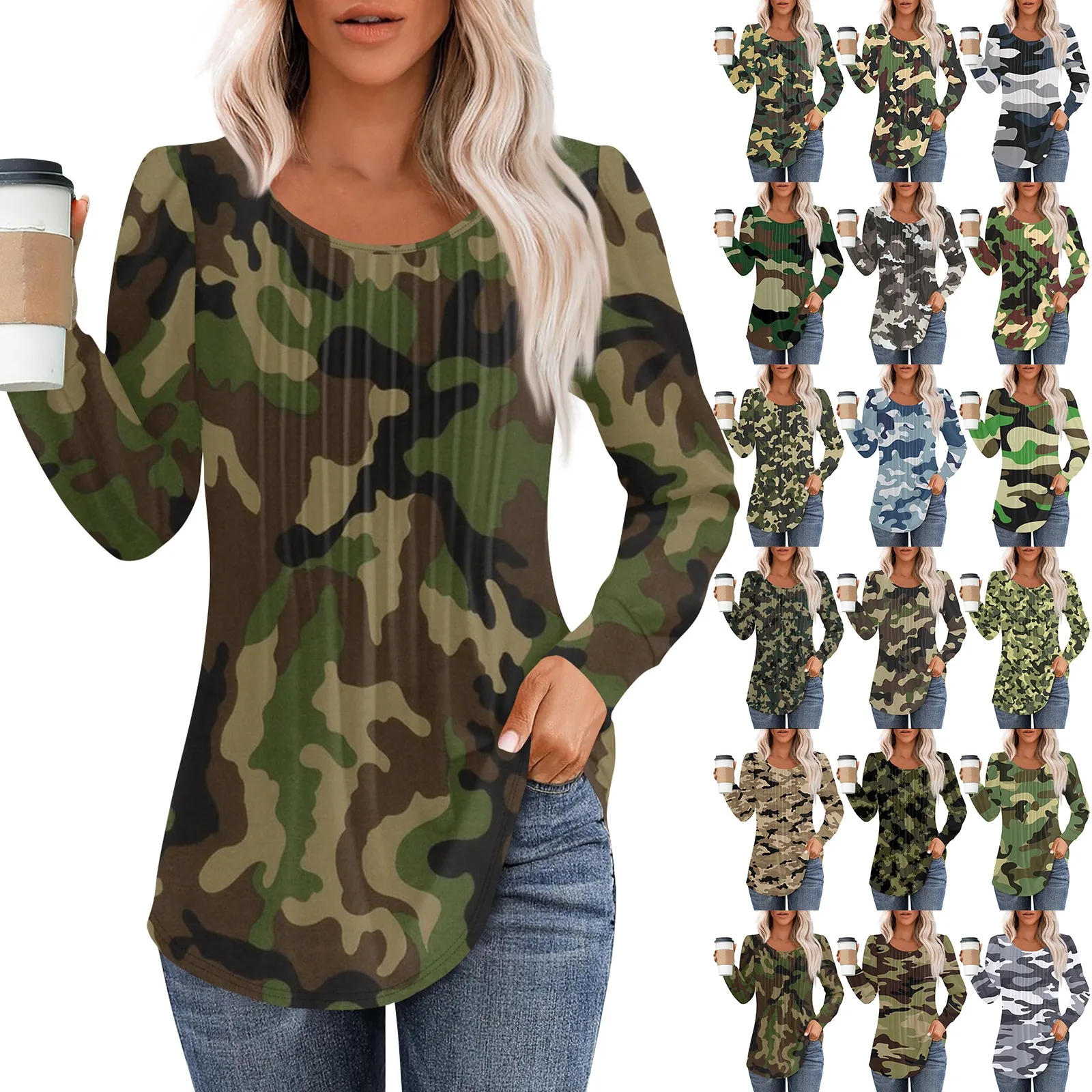 Women Fashion Camouflage Printed Casual Long Sleeve T-Shirt Round Neck Female Pullover Tops Basic Spring Summer Tees