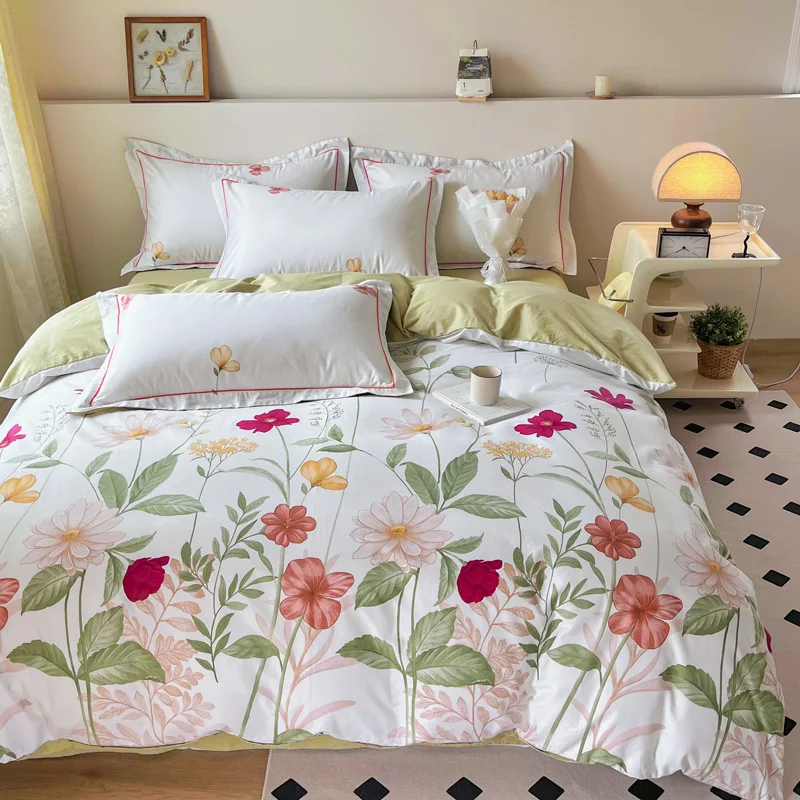 

Flower Print Cotton Bedding Set Duvet Cover Linen Fitted Sheet Pillowcases Home Textile