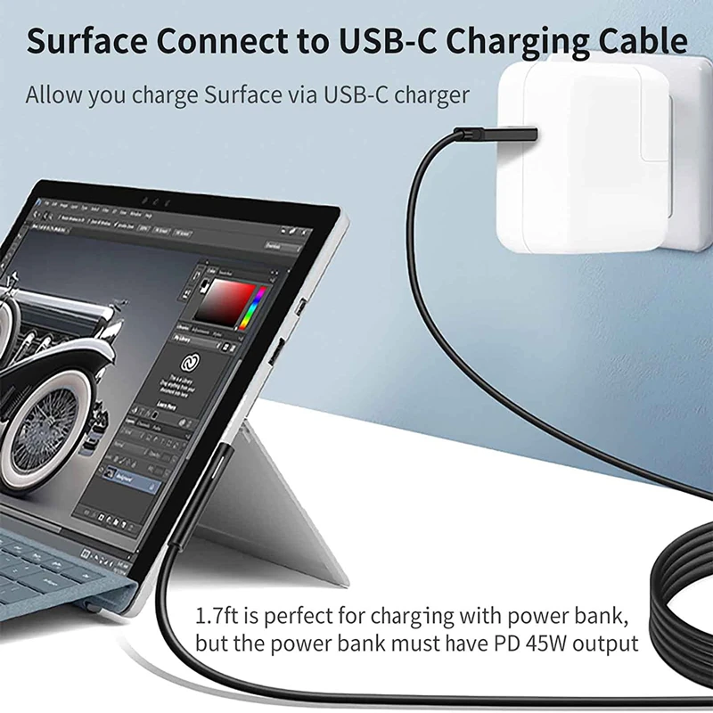 Câble de charge USB-C 15V/3A compatible avec Surface Pro 7/6/5/4/3 Go3/2/1 Laptop4/3/2/1 Power Charge rette Via 45W PD Charger