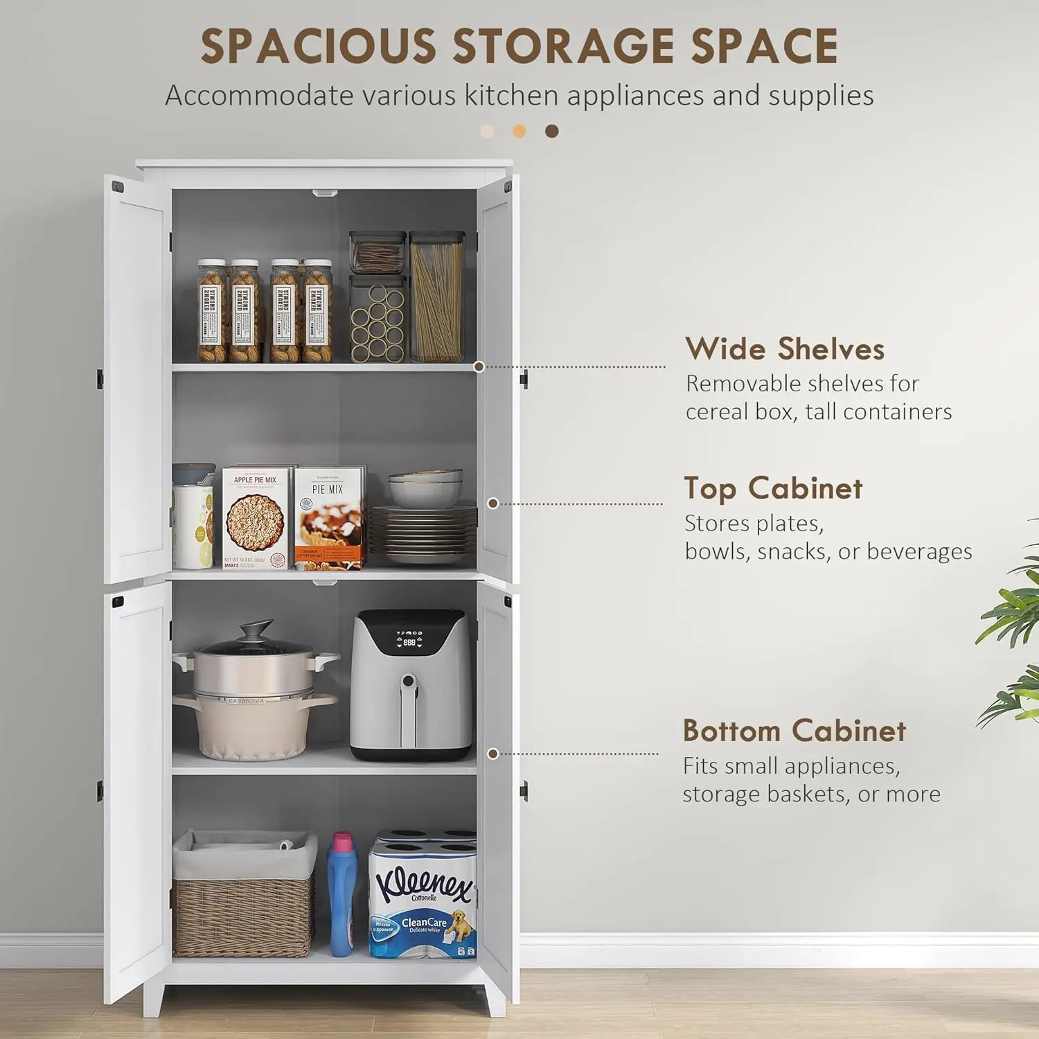 Farmhouse Tall Storage Cabinet with 4 Door Cabinets, Prateleiras ajustáveis para sala de jantar, branco