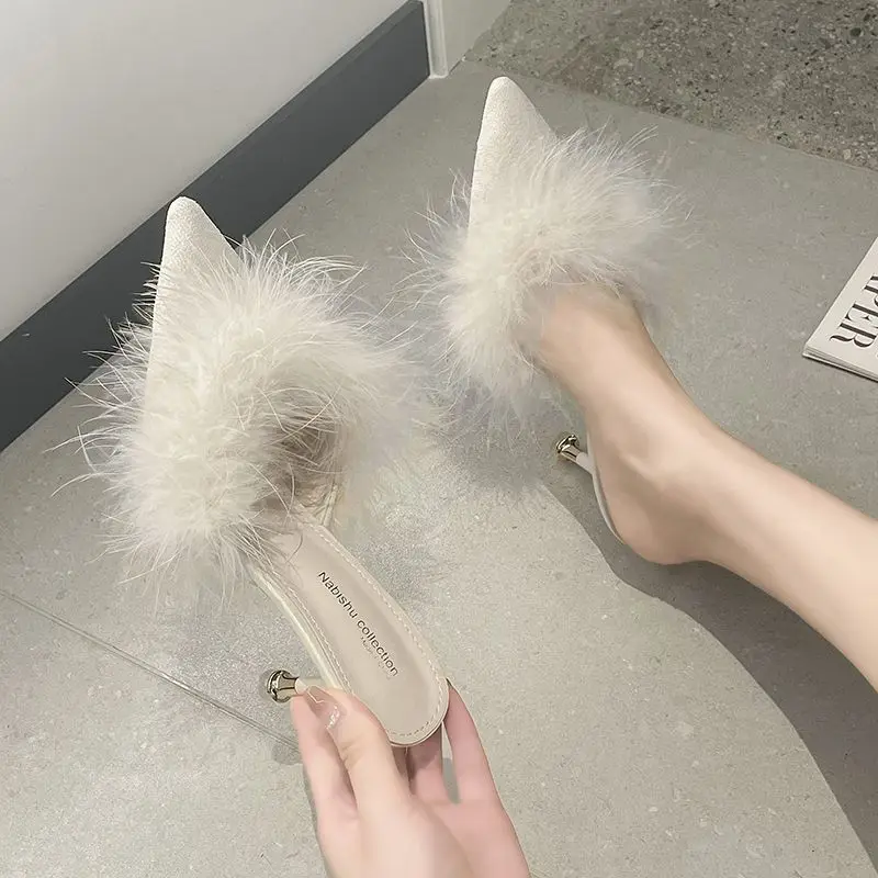 2024 New Women's Slippers Versatile Pointed Toe For Outerwear Slim Heels Plush Women's Sesy Fashion High Heels Shoes