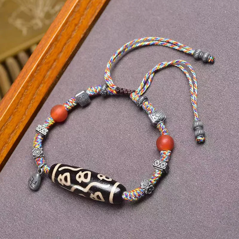 

Natural Agate Fortune God Bead Bracelet with Matching Beads Tibetan Silver Vintage Collectible Adjustable Hand-Woven Design