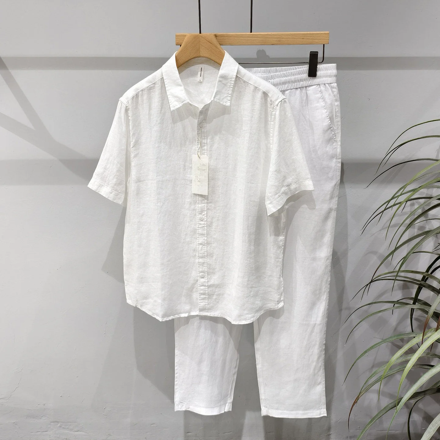Casual Cotton Linen Short Sleeve Shirt And Pants Set Blue Men's Breathable Lightweight Summer Fashion Standard Fit Square Collar