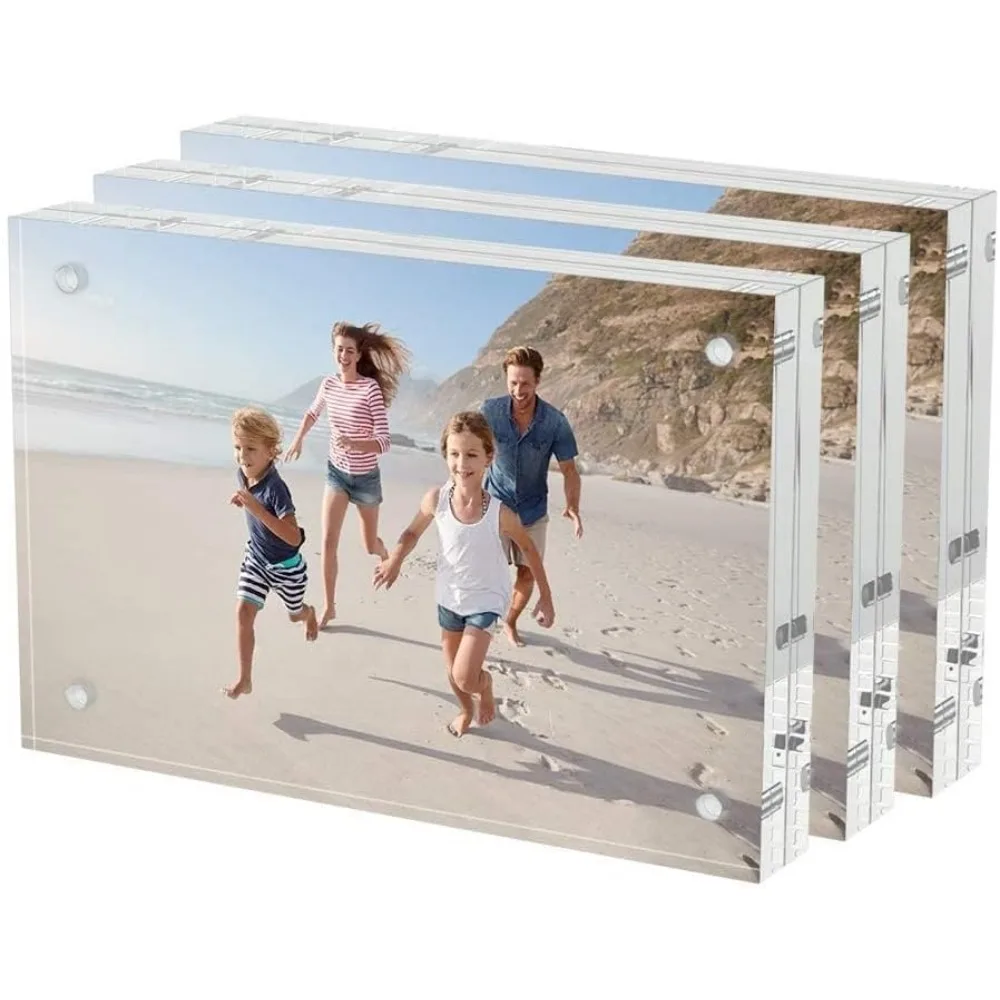 

4x6 Acrylic Photo Frame 3 Pack Clear Double Sided Magnetic Freestanding Block Desktop Display