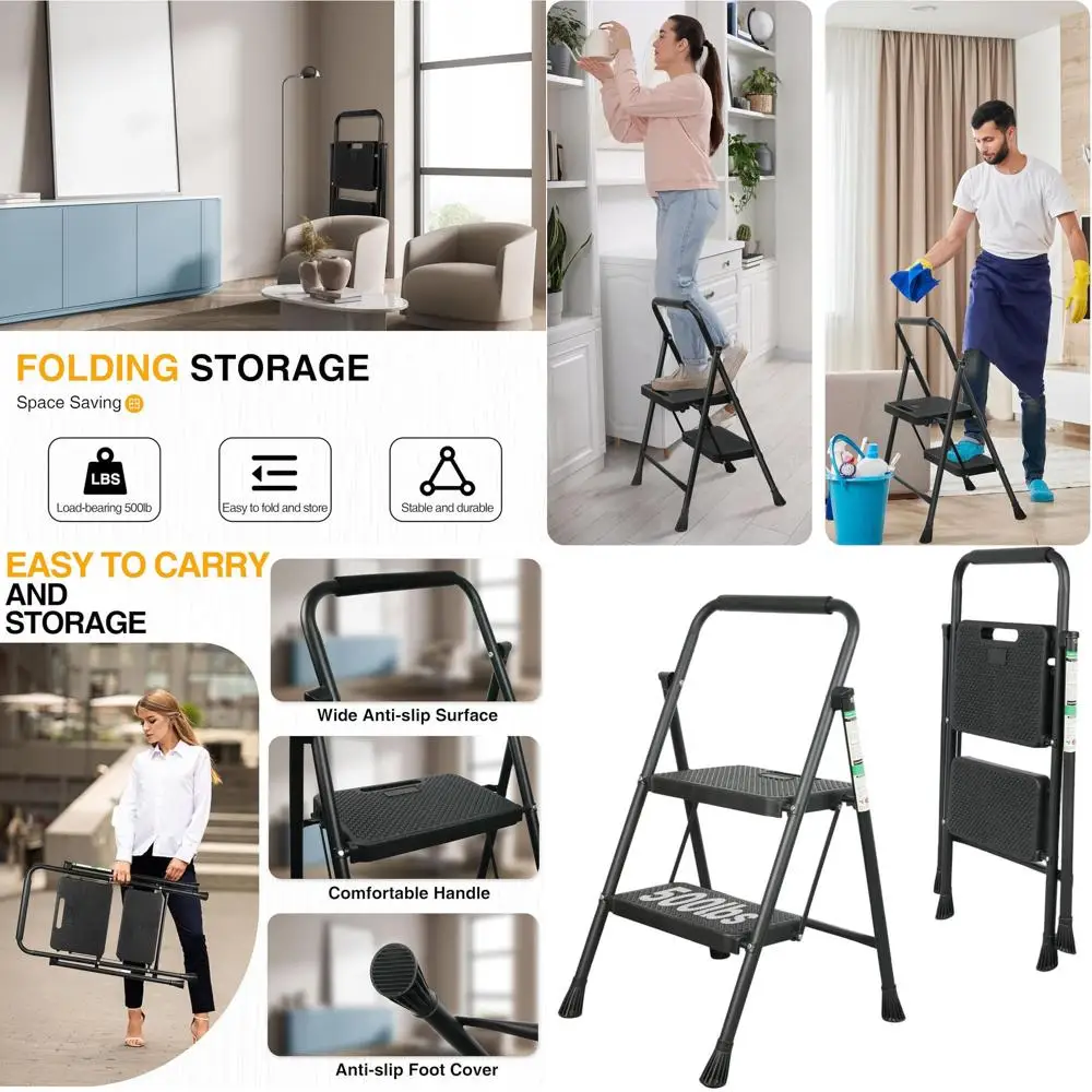 

Портативная стальная складная лестница с противоскользящими ступеньками и рукояткой, вместимость 500 фунтов, черная