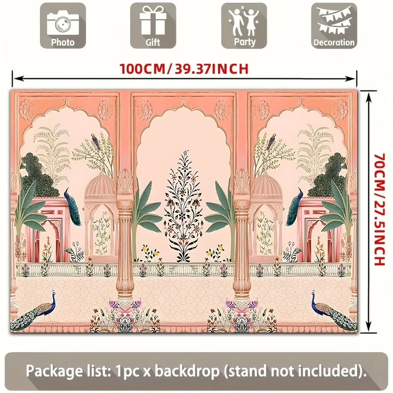 Ornate Mughal Floral Peacock Backdrop Photo Booth Background for Wedding Party Event Decor Blush Pink Gold Palace Curtain