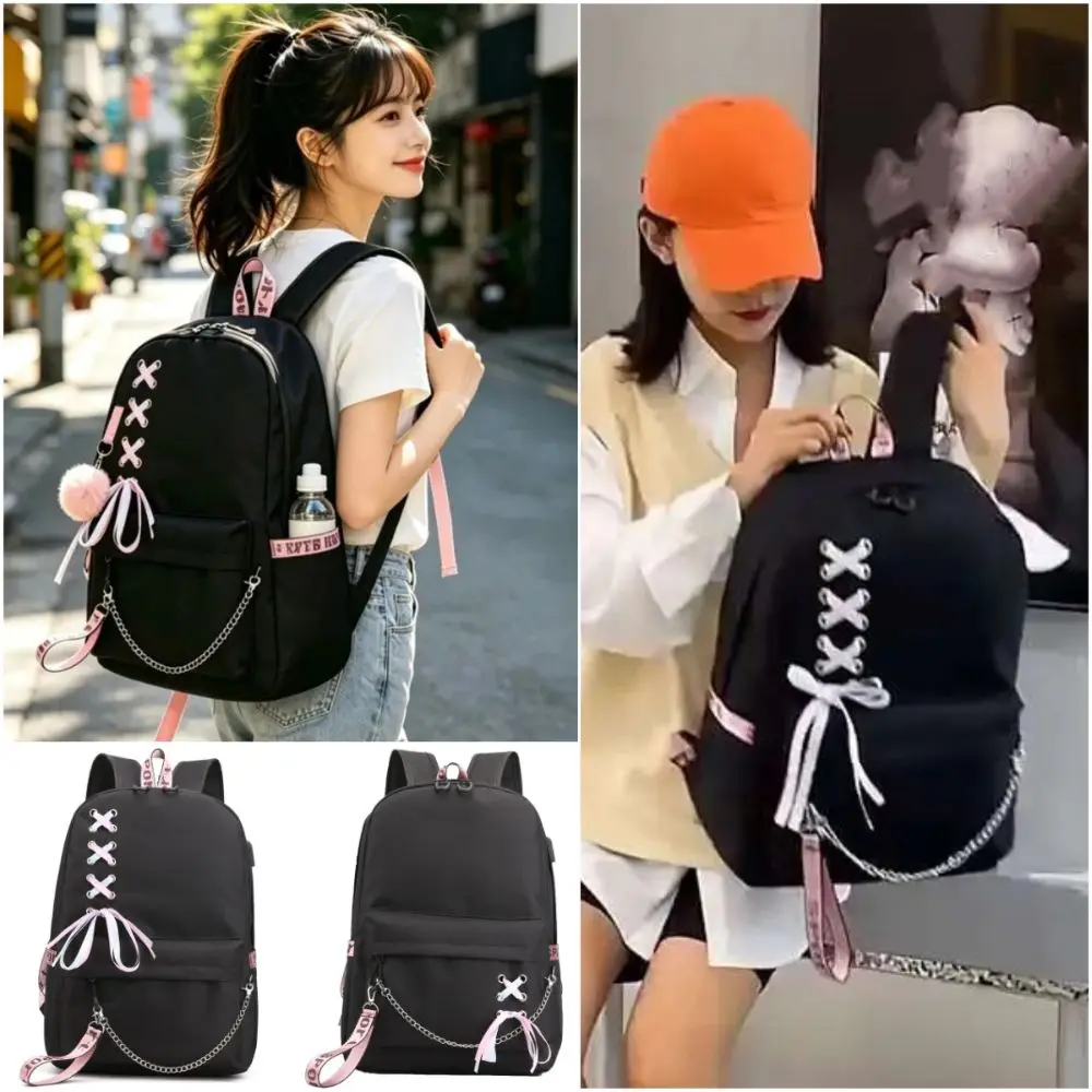 Trend Large Capacity School Backpack Black Chain Decoration Laptop Backpack Oxford Cloth Breathable Travel Backpack For Laptop
