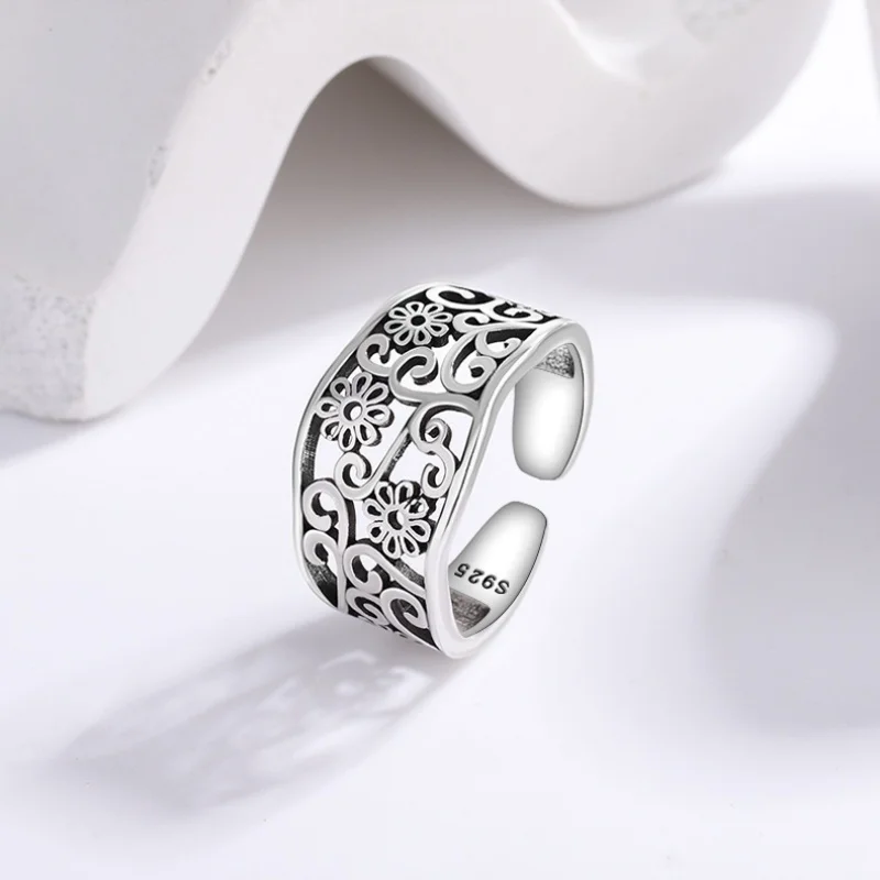 Buyee 925 Sterling Silver Flower Ring Finger Elegant Hollow Pattern Open Ring for Woman Men Fashion Sweet Fine Jewelry Circle