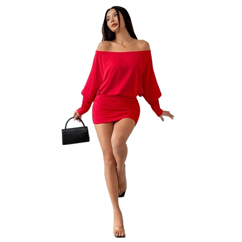 Herfst Winter Party Date Outfit Voor Vrouwen Verjaardagscadeau Schouder Sexy Bodycon Jurk Lange Mouw Effen Mini Elegant Chic