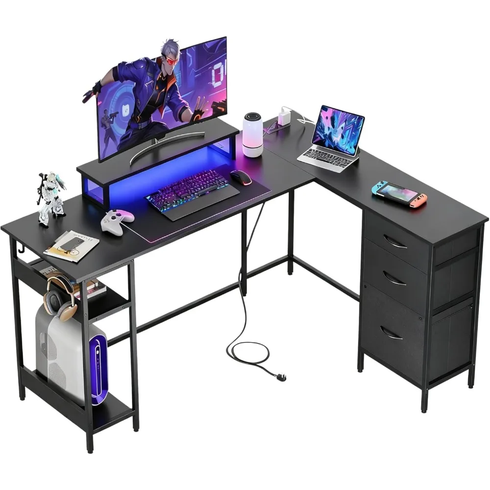 

60 Inch L Shaped Gaming Desk with Drawers and Storage, L Shape Gaming Desk with LED Lights, Power Outlets, Computer Desk