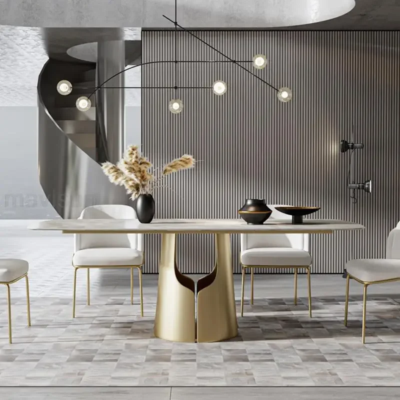 Stainless Steel Fashionable Kitchen Tables With Designed Base Rock Plate Desktop Round Corner Rectangle Table