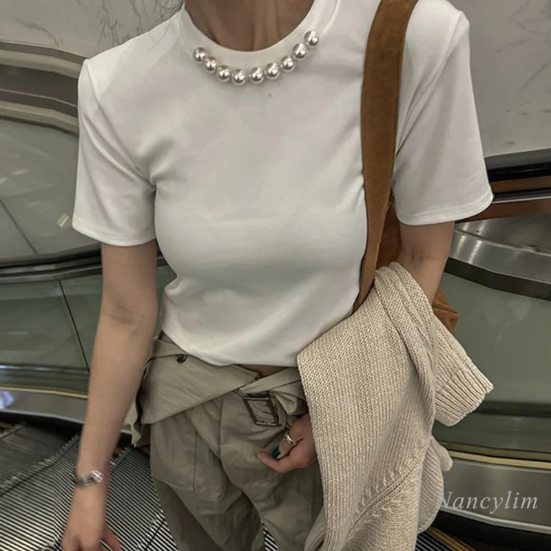 

Summer Niche Temperament Round Neck Pearl Decoration Slim Slimming Solid Color Short Sleeve T-shirt Top for Women Blue Tee