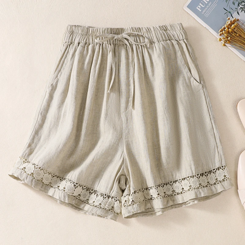 TEELYNN Loose Elastic Waist Boho Beach Wear Shorts For Women Bottom Casual Solid Linen Cotton Lace Floral Summer Short Pants 3XL