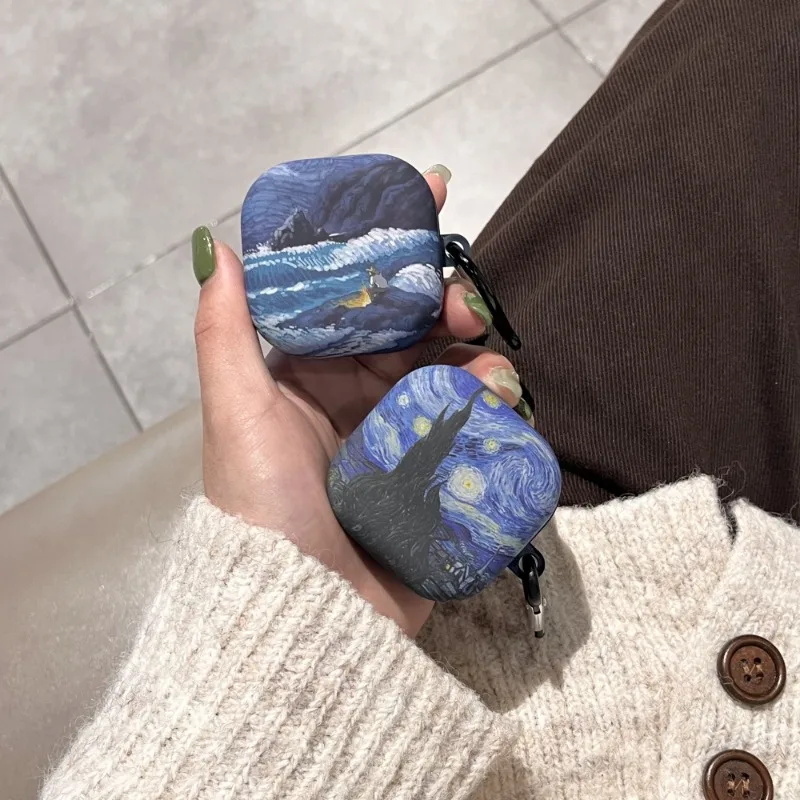 Case for Samsung Galaxy Buds 4 Pro 2026 Earphones Cover Oil Painting Frosted Starry Sky Waves Peach Protective Sleeve with Hook