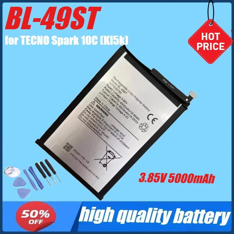 3.85V 5000mAh 19.25Wh BL-49ST Battery for TECNO Spark 10C (KI5k) Mobile Phone Battery+Tools
