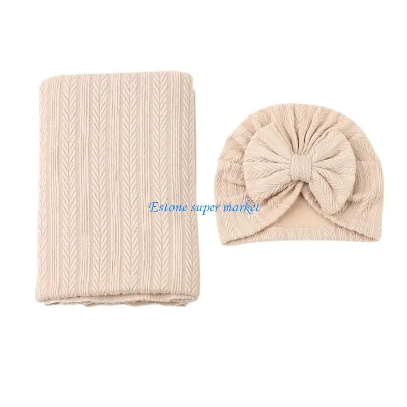 

090B 2Pcs/set Newborn Swaddles/Headband Set Baby Receiving Blanket with Matching Hat