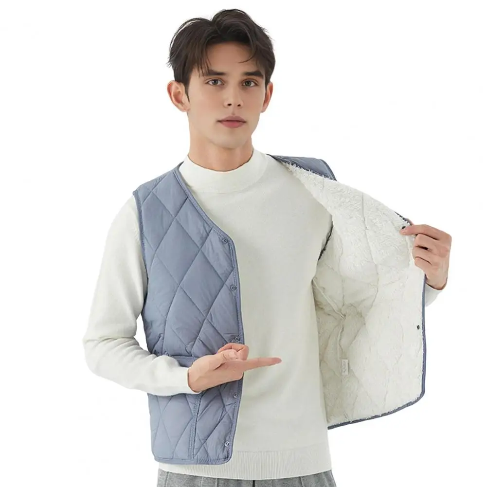 Men Winter Waistcoat Men's Winter Waistcoat with Thickened Velvet Lining Pockets Single Breasted Solid Color Vest Coat for Cold