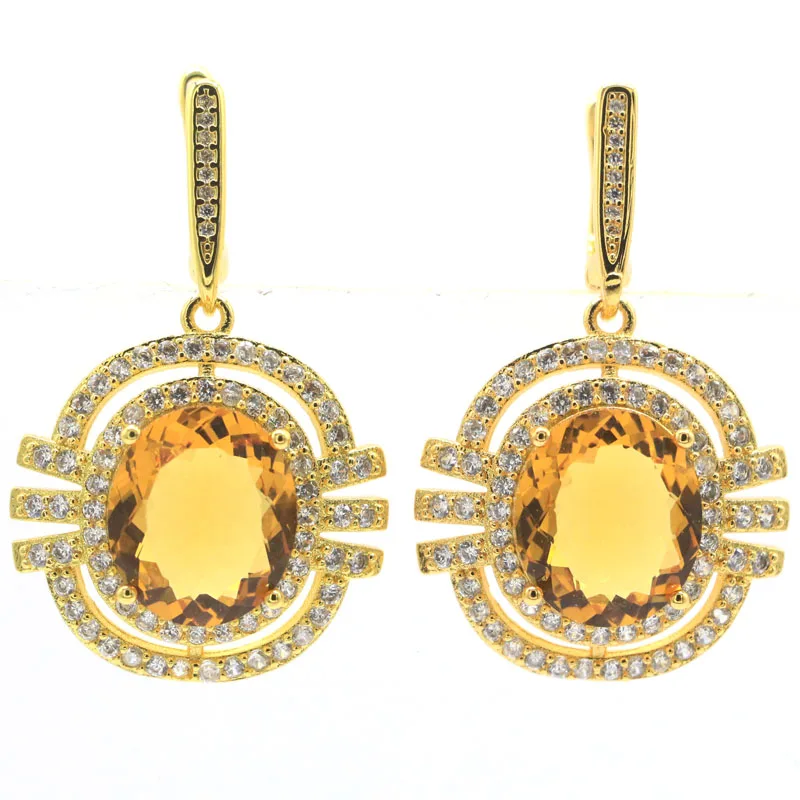 38x24mm Highly Recommend 9.9g Golden Citrine White CZ Women Dating 14k Gold Silver Pendant Earrings