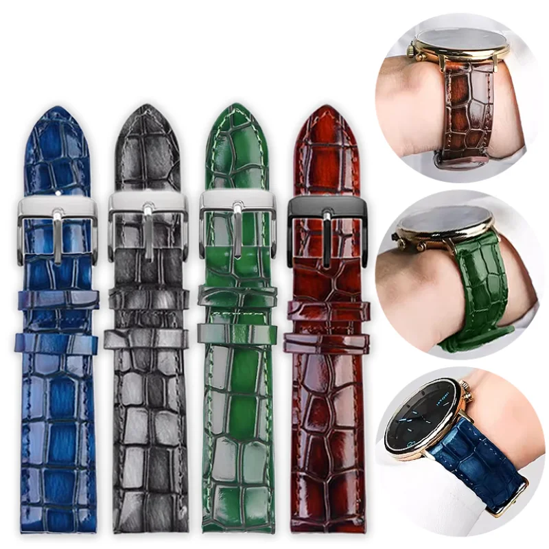 18mm 20mm 22mm Krokodil-Textur Kalbsleder Uhrenarmband für Herren und Damen mit Stahlschnalle in Blau, Grün, Braun