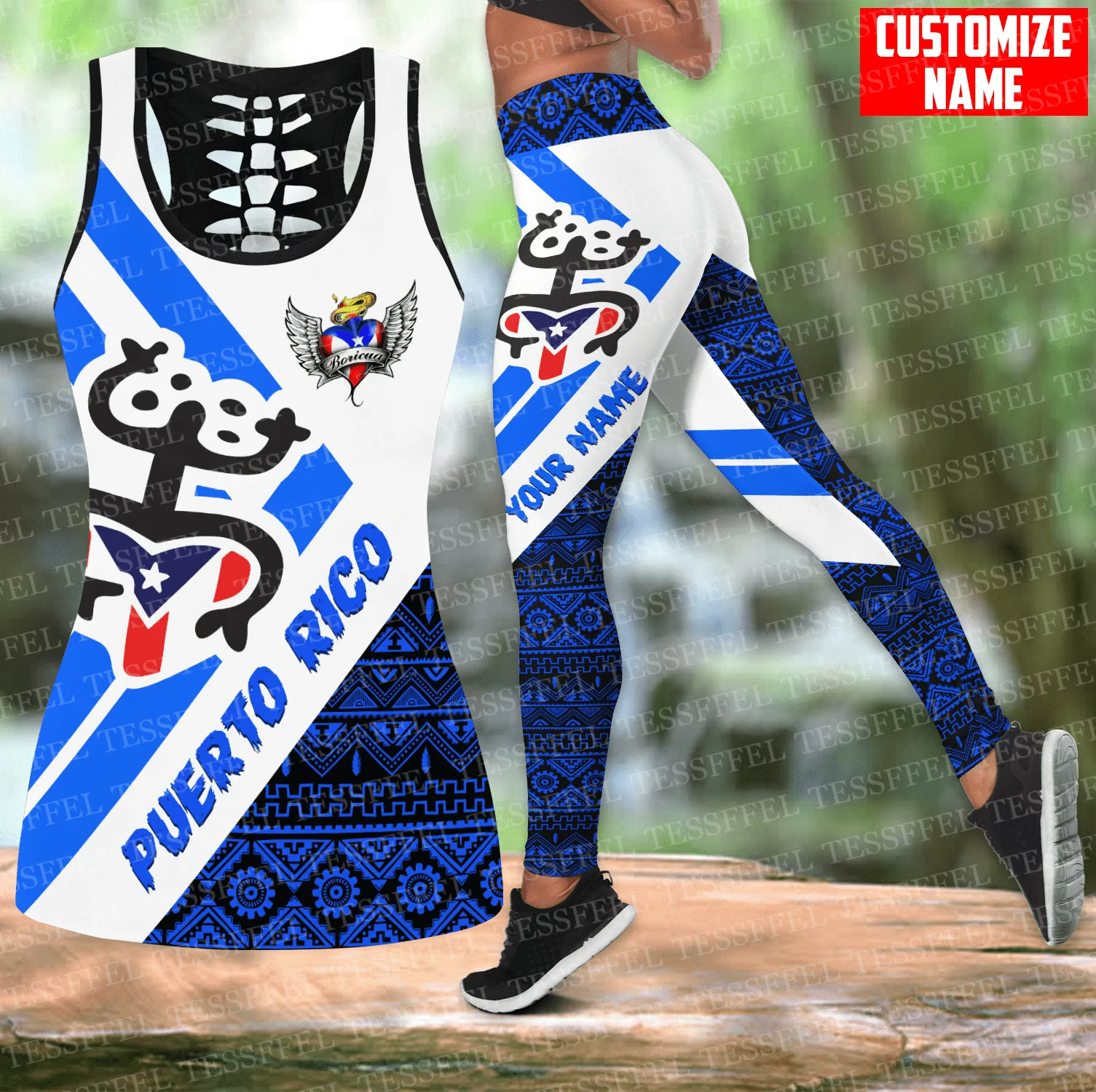 Custom Name Caribbean Sea Country Puerto Rico Boricuas Vintage Retro Harajuku 3DPrint Women Causal Hollowout Tank Top Leggings B