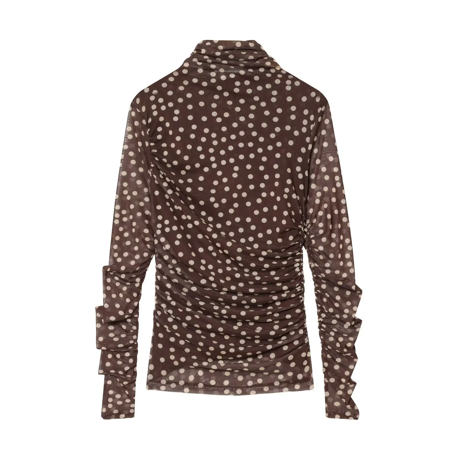 Women's Half-high Collar Polka Dot Print Slim-fit Semi-transparent Base T-shirt Brown Polka Dot Blouse For Women Style KBYE