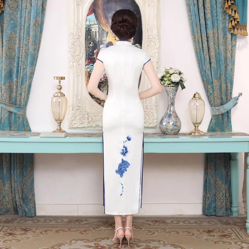 Chinese Traditional Women Silk Qipao Dress Spring Short Sleeves White Cheongsam Evening Party Gown