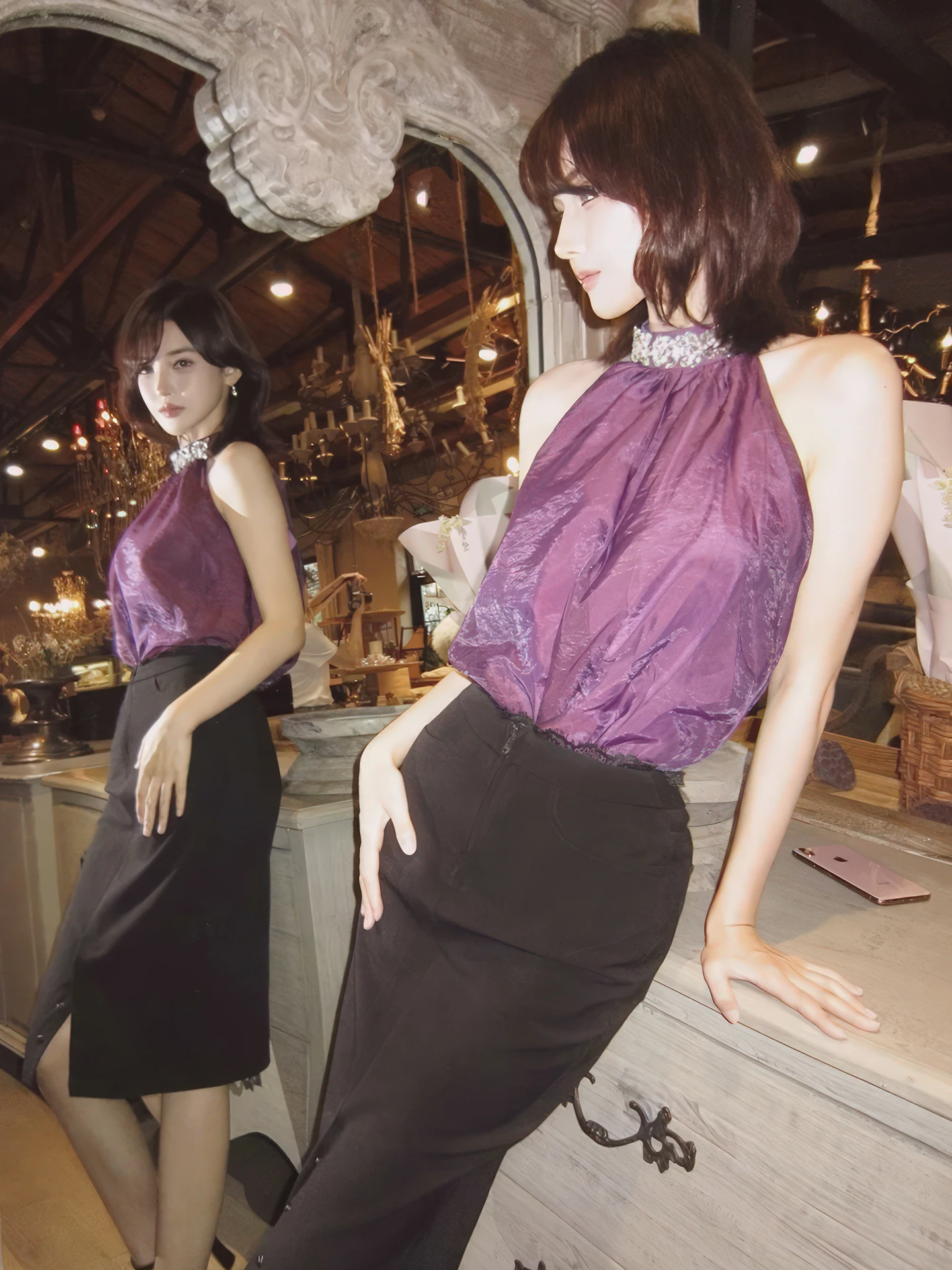 Lila Embellied Diamond Chiffon irt Damen Sommer New Sle Ele Beautiful Svel Top French Sle Loose Fit