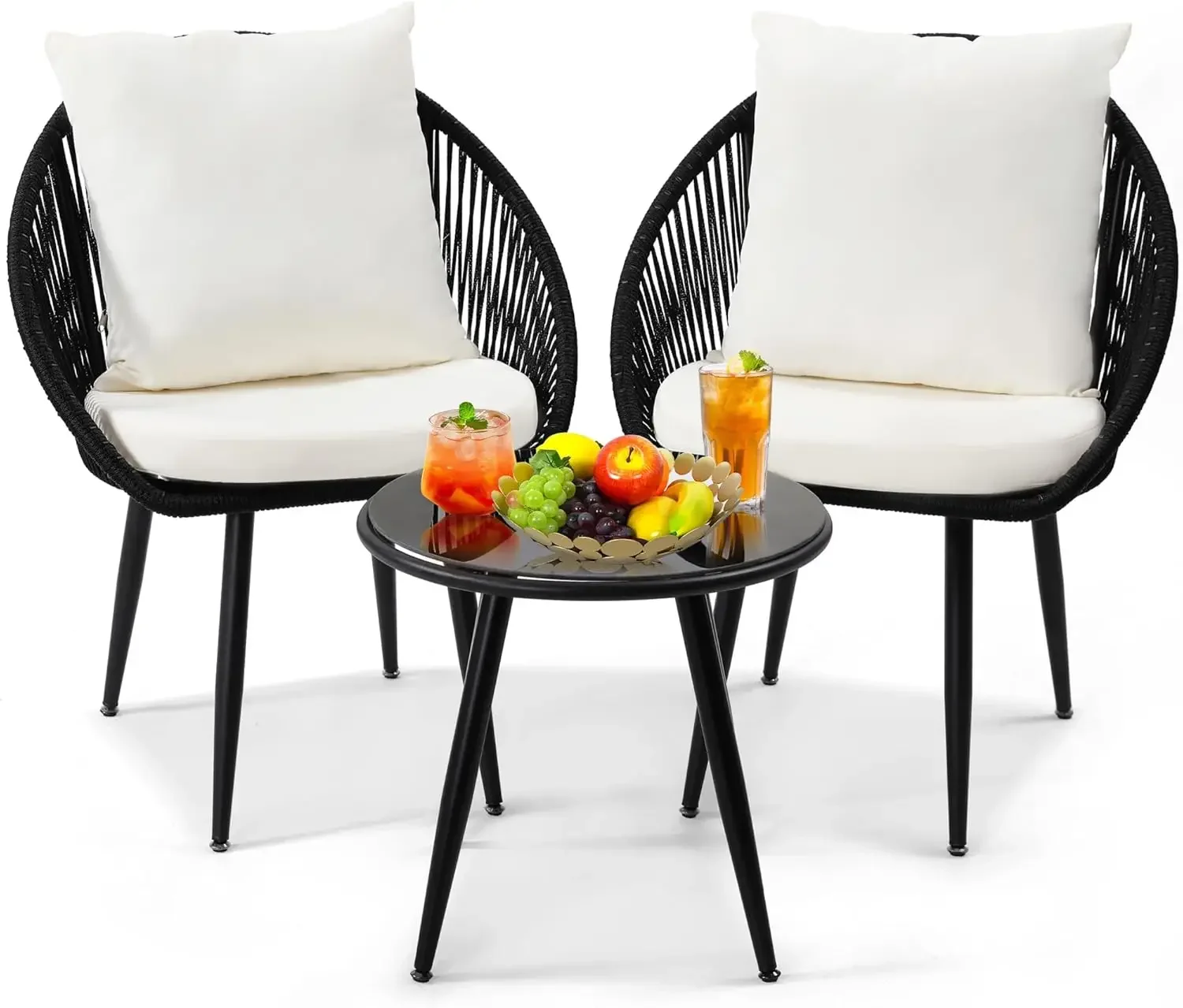 3 Pieces Bistro Set, Woven Rope Chair with Cushions, All Weather Patio Conversation Set and Side Table, Ideal for Deck