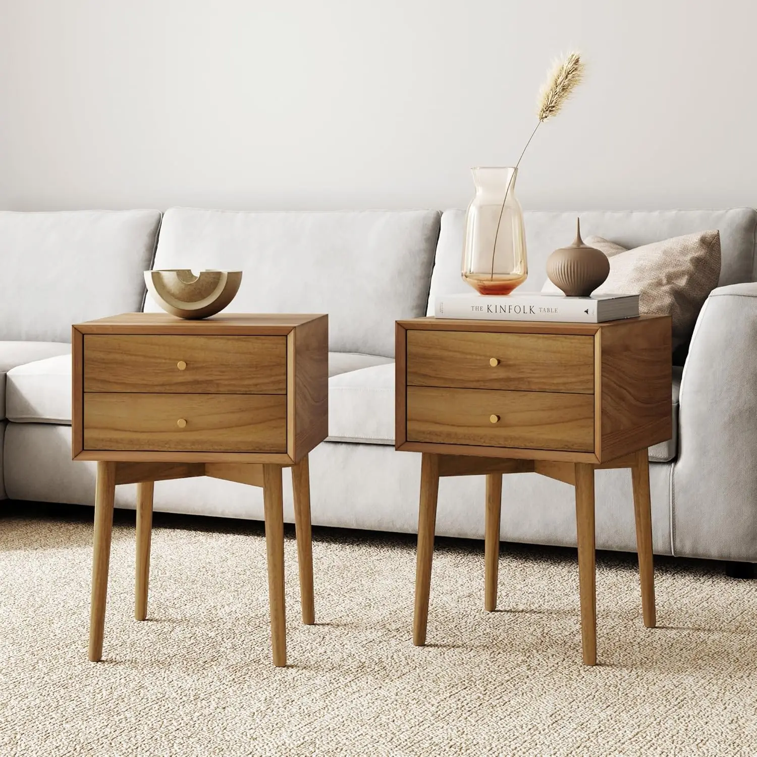 Harper Modern Nightstand Side Accent or End Table with Storage Drawer, Set of 2, Oak Brown