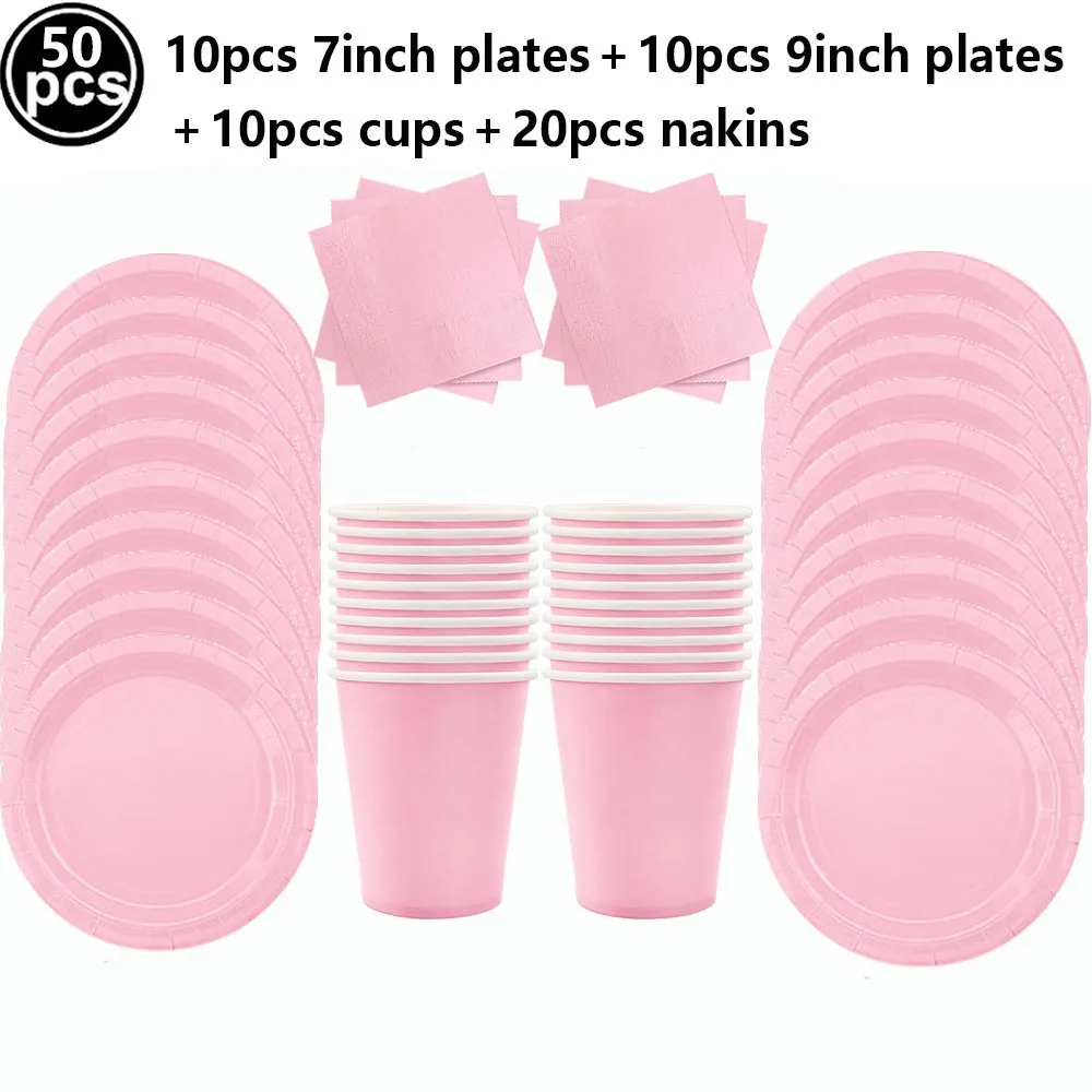 50 Teile/satz Party Einweg Geschirr Einschließlich Pappteller Tassen Servietten Einfarbig Besteck Set für Geburtstag Hochzeit Baby Dusche – Detail 2