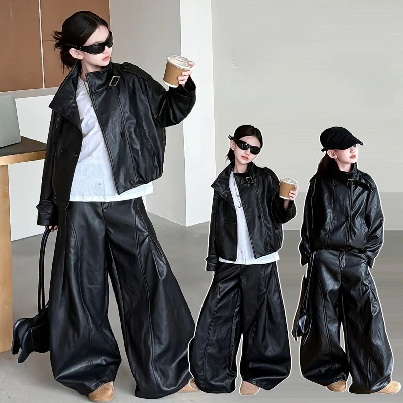 New American Vintage PU Leather 2pcs Set Girls Faux Leather Jacket+Casual Loose Pants Suit High‑End Streetwear Matching Outfit