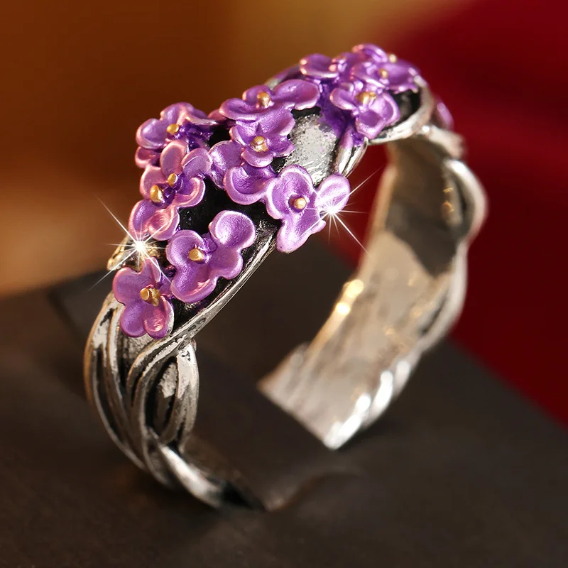 Women's Forest Style Atmosphere Ring Carving Purple Flowers Clustered Elegant Ring Daily Fresh Fashion Jewelry Accessory