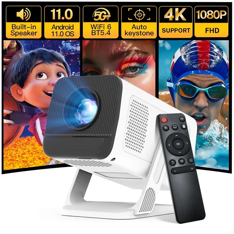 

Smart Mini Projector 1080P 4K Support with WiFi 6 & BT 5.4 Built-in Apps Android TV Auto Keystone 180° Rotation Outdoor Projecto