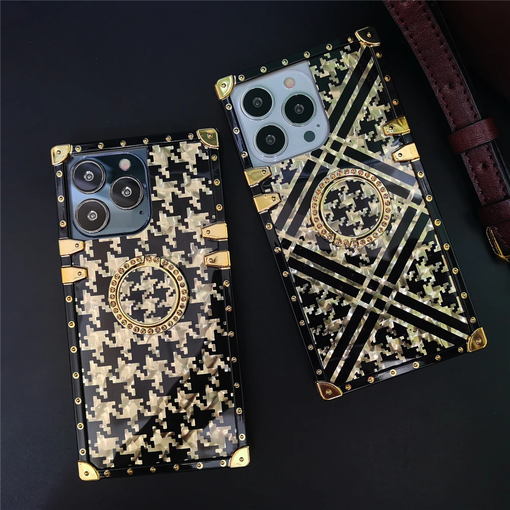 

Luxury Glitter Gold Shockproof Retro Grid Houndstooth Pattern Case for iPhone 17 pro Max 17 Air 15 16 pro Max 11 12 13 14 plus