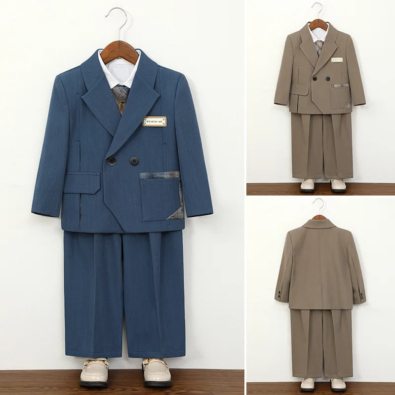 

Boys Formal Suit Double Breasted Asymmetric Blazer Pants Set Kids Wedding Birthday Party Gentleman Performance Ceremony Outfit