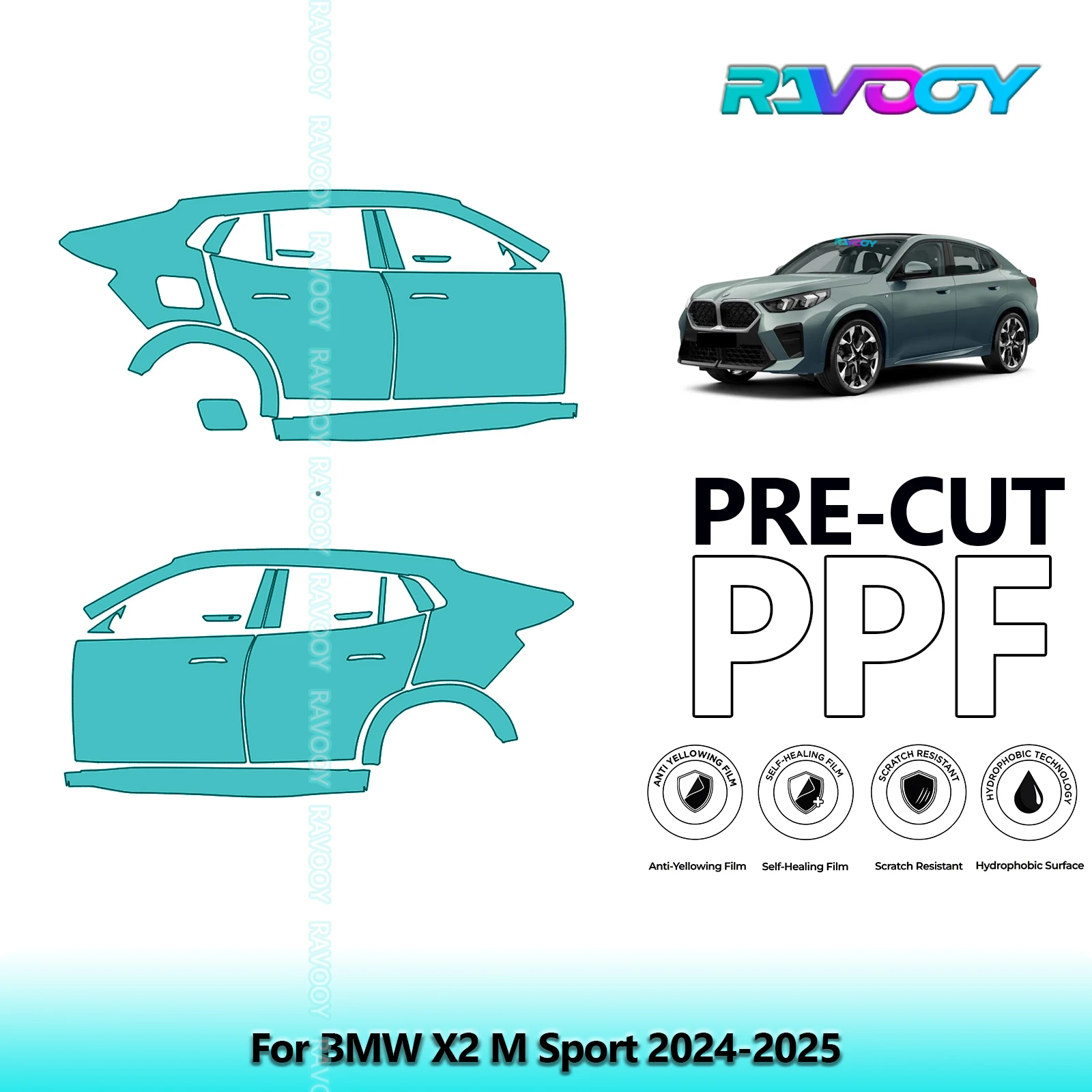

For BMW X2 M Sport 2024-2025 8.5mil Clear Matte Pre-Cut PPF Door & A/B Pillar Kit TPU Paint Protection Film Set