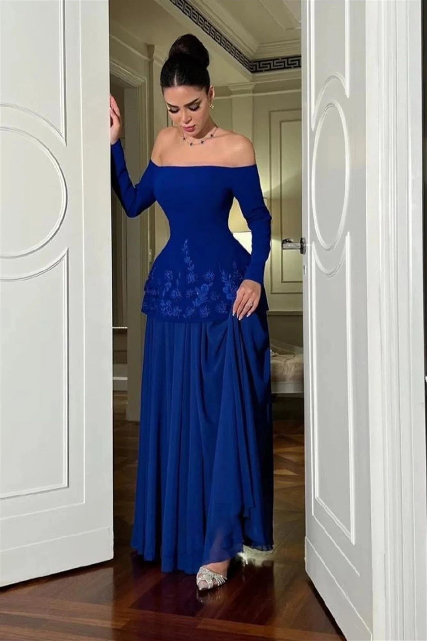 Blue Long Sleeves Bespoke Occasion Gown Evening Dresses Pastrol Unisex Jersey Retro Dubai Saudi Arabic Israel Prom Customized