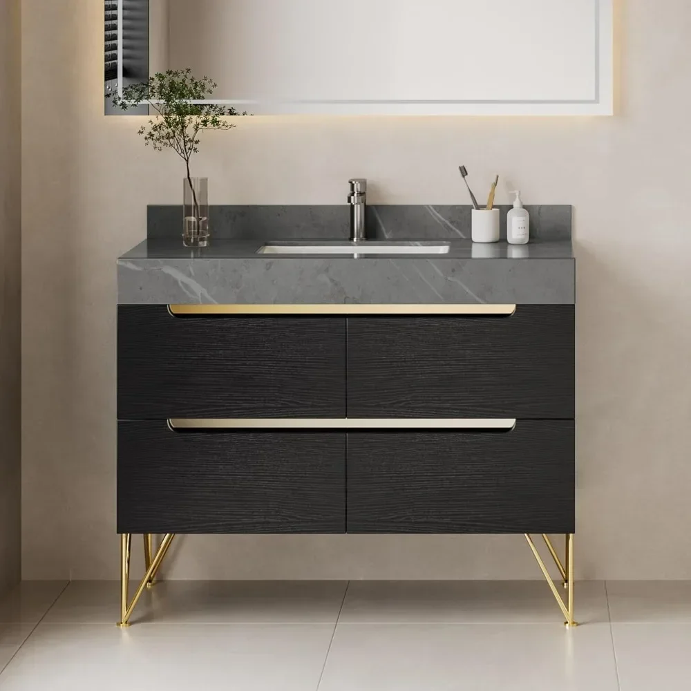 

Bathroom Vanity with Sink Combo, Bathroom Freestanding Storage Cabinet Vanity Ceramic Basin Sink and 4 Large Drawers, Black