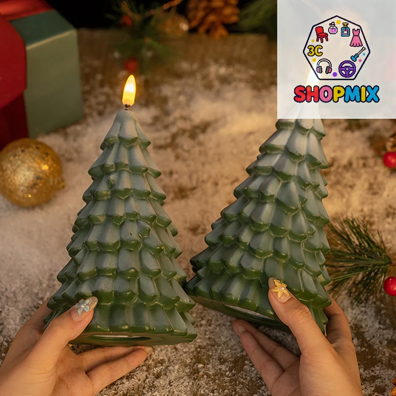 Christmas Tree Shaped LED Candles, Flameless Pillar Candles, Battery Operated LED Candle With 3D Flame Wick, Green Candles