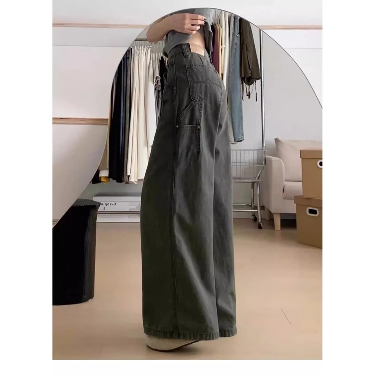 

Американские ретро-джинсы в стиле милитари, рабочие, женские, больших размеров, с высокой талией, свободные, широкие штанины, повседневные, из хлопкового денима