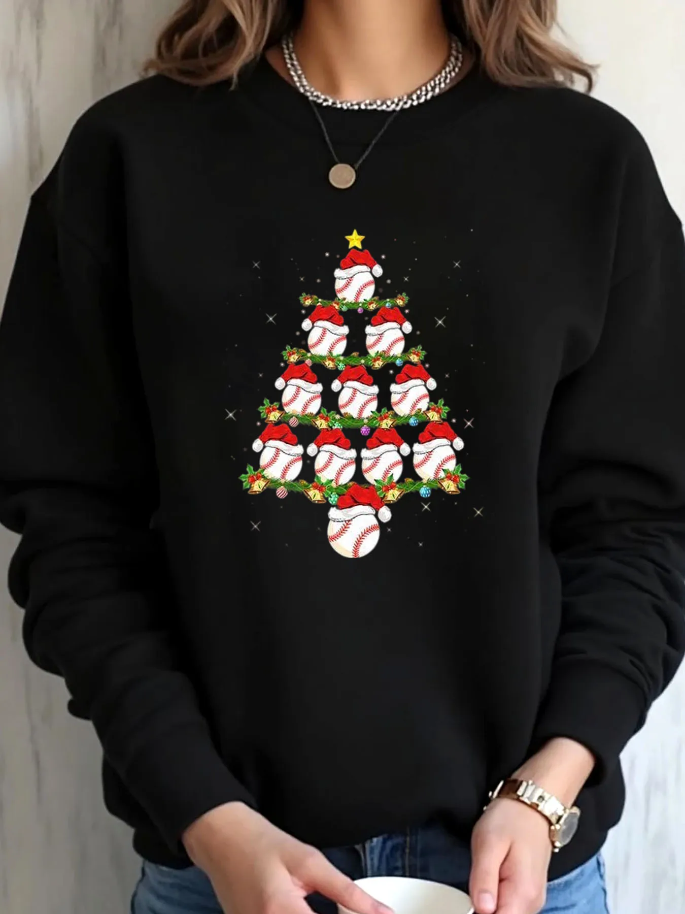 Женская толстовка большого размера с принтом рождественской бейсбольной елки, уличная одежда