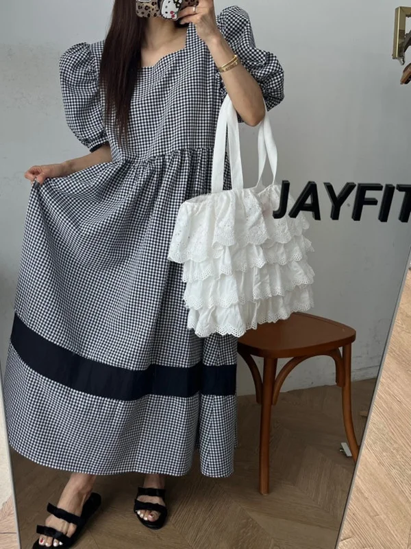 Retro Square Collar Patchwork Bubble Sleeve Dress Women's Loose Design Sensation Age Reduction Long Dress Summer Fashion