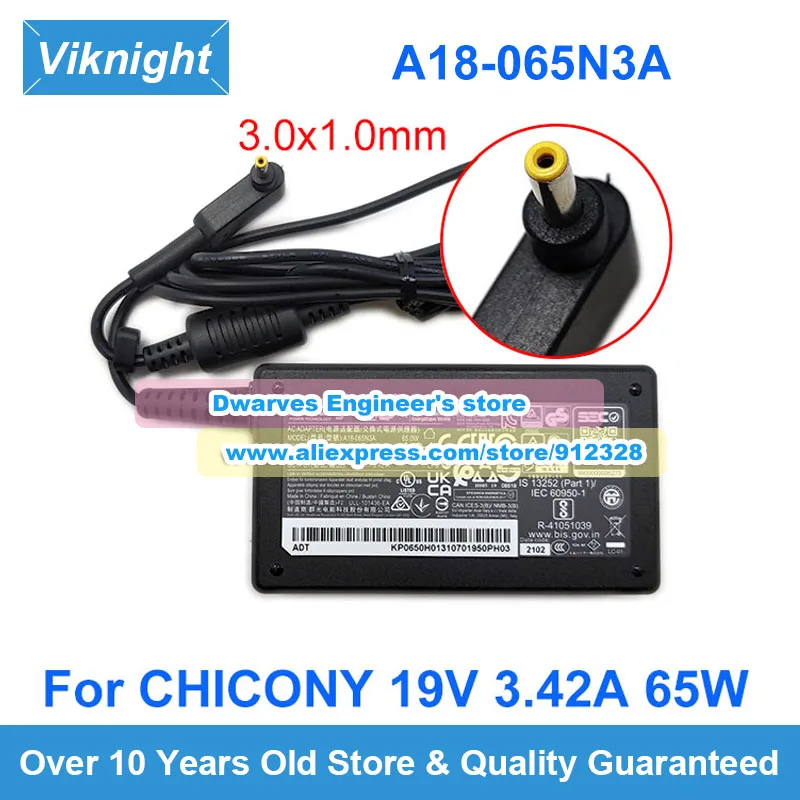 Carregador Adaptador ac Genuine para Chicony Fonte de Alimentação 65w 19v 3.42a A18065n3a A065r178p Rev01 Rev02 3.0×1.1 mm Tip