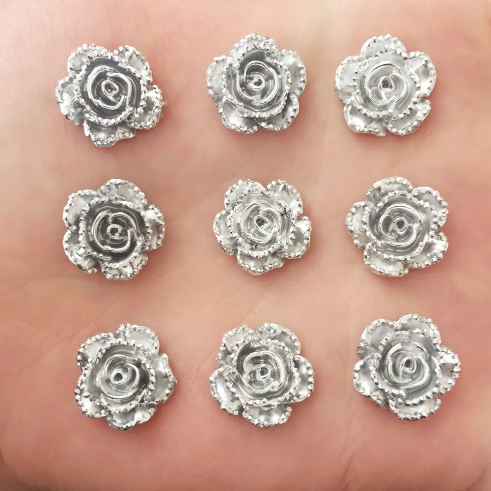 60Pcs 14mm Resin Silver Rose Flatback Flower Stone Scrapbook Wedding Ornaments Applique crafts DIY