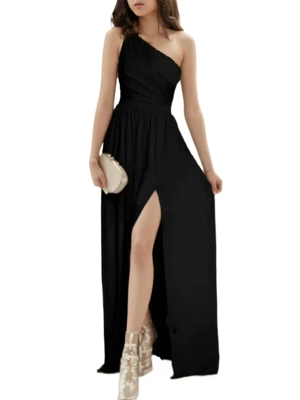 Elegant Simple Solid Color One Shoulder Split Long Formal Evening Dress