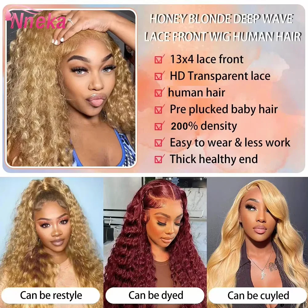 Curly Honey Blonde Wig Human Hair 13x6 Deep Wave Frontal Wigs For Women