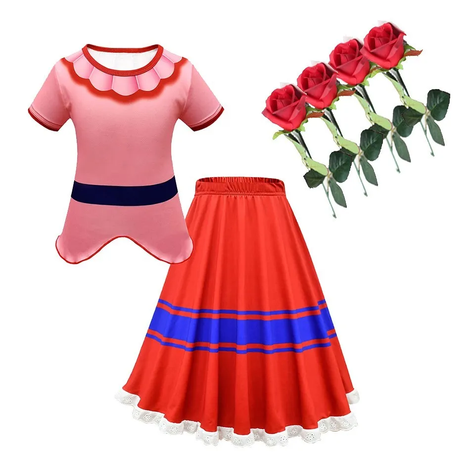 

2022 Summer Dress Encanto Costume Princess Dress Short Sleeve T-shirt For Girl Halloween Easter Outfits Red Skirt With Rose Wig