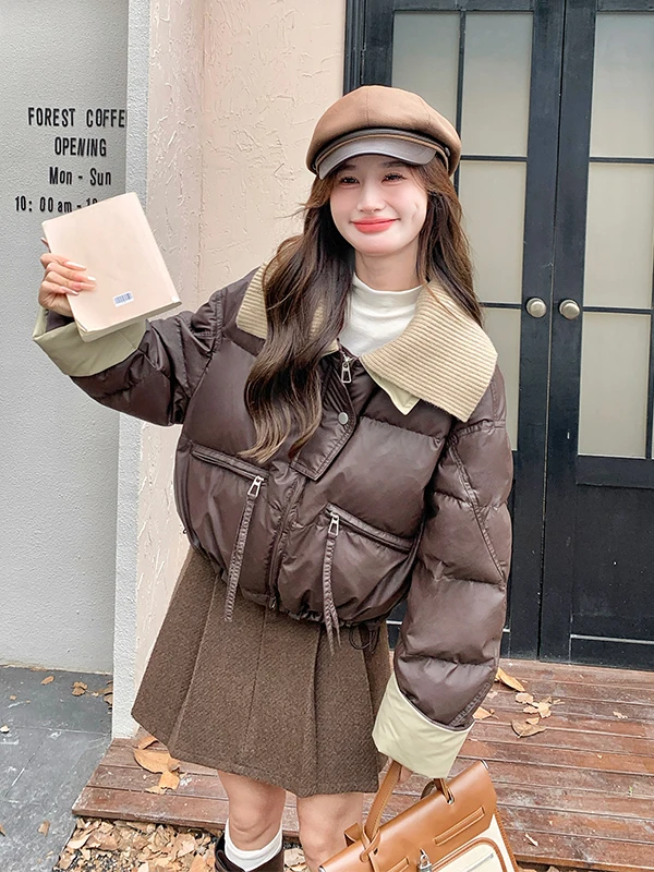 

Вязаная куртка-пуховик в стиле пэчворк для женщин, зимняя, утепленная, с двойным воротником, теплая, пушистая, в корейском стиле, свободного кроя