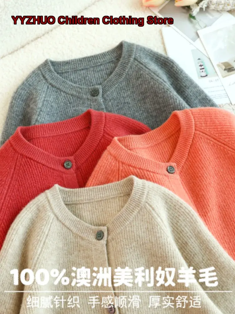 Kids Pure Cardigan Autumn Winter Stylish Thickened Round Neck Wool Coat Warm Girls